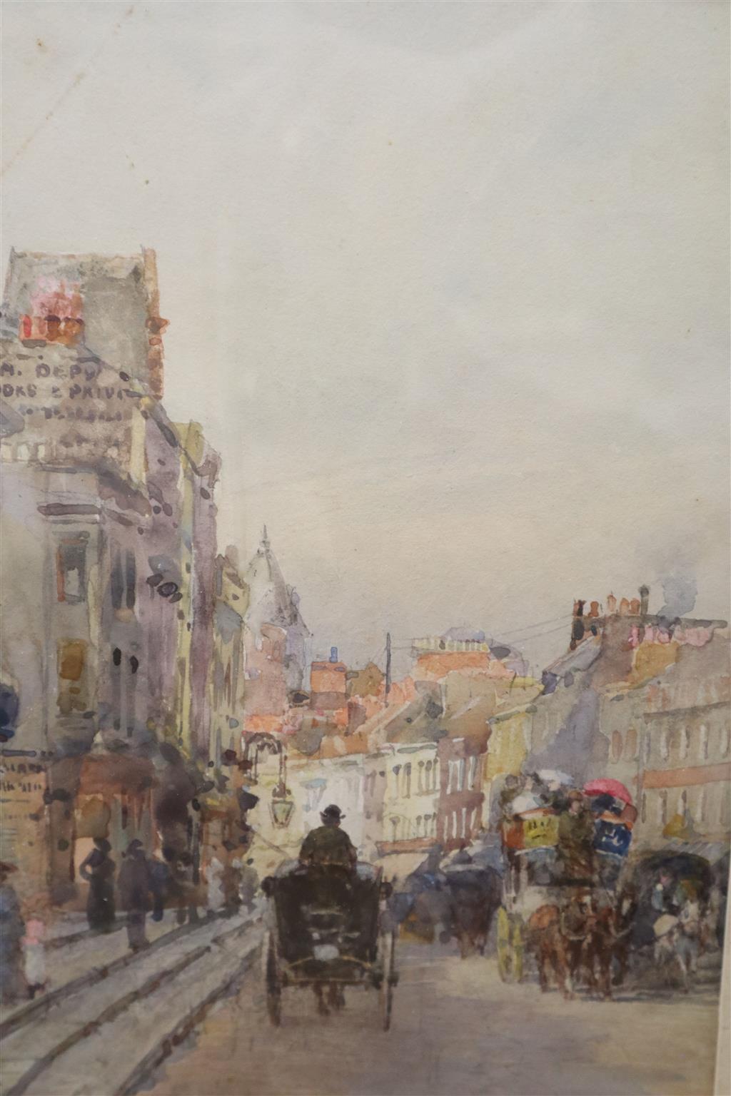 Rose Barton, watercolour, Street scene with horse drawn carriages, signed, 24 x 16cm.